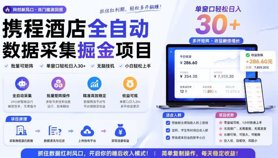 携程酒店采集挂G项目，批量可矩阵，单机轻松日入300+，开启你的睡后收入模式!【揭秘】-惠声资源站