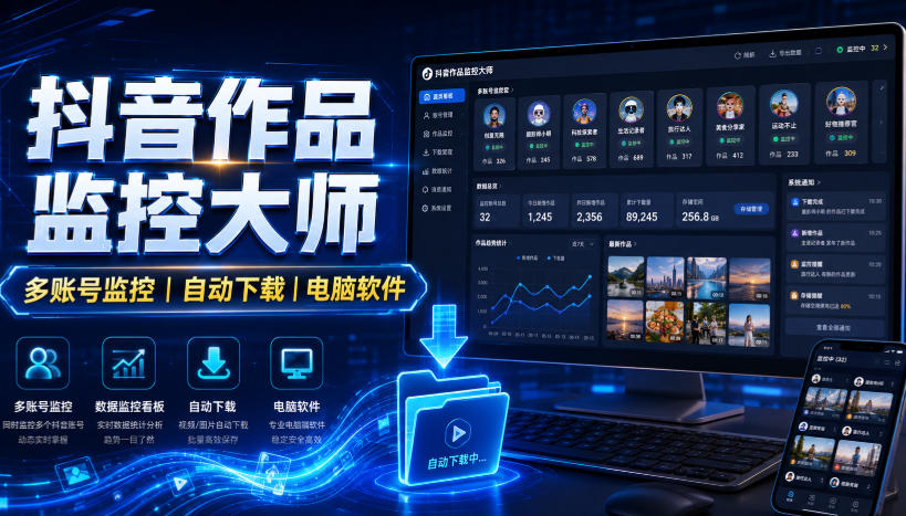 抖音作品监控大师，多账号监控丨自动下载丨电脑软件-惠声资源站