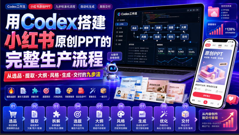 用Codex搭建小红书原创PPT的完整生产流程，从选品·提取·大纲·风格·生成·交付的九步法-惠声资源站