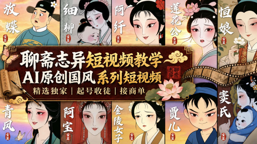 聊斋志异短视频教学，AI原创国风系列短视频，精选独家丨起号收徒丨接商单-惠声资源站
