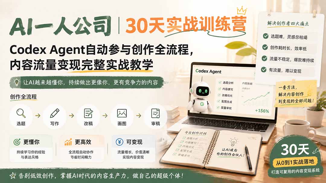 AI一人公司｜30天实战训练营；Codex Agent自动参与创作全流程，内容流量变现完整实战教学-惠声资源站
