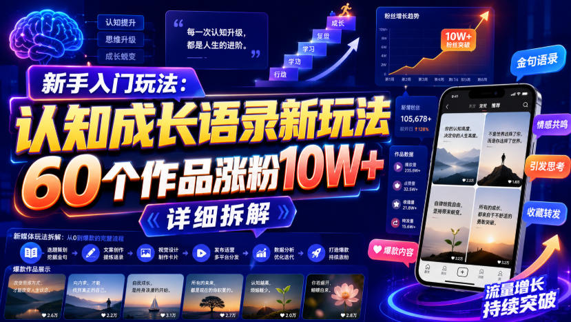新手入门玩法：认知成长语录新玩法，60个作品涨粉10W+，详细拆解-惠声资源站