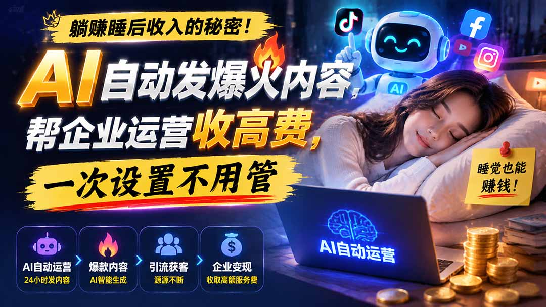 躺赚睡后收入的秘密！AI 自动发爆火内容，帮企业运营收高费，一次设置不用管【原创双语字幕】-惠声资源站