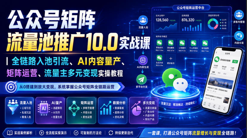 公众号矩阵流量池推广10.0实战课｜全链路入池引流、AI内容量产、矩阵运营、流量主多元变现实操教程-惠声资源站