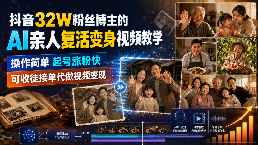 抖音32W粉丝博主的AI亲人复活变身视频教学，操作简单，起号涨粉快，可收徒接单代做视频变现-惠声资源站