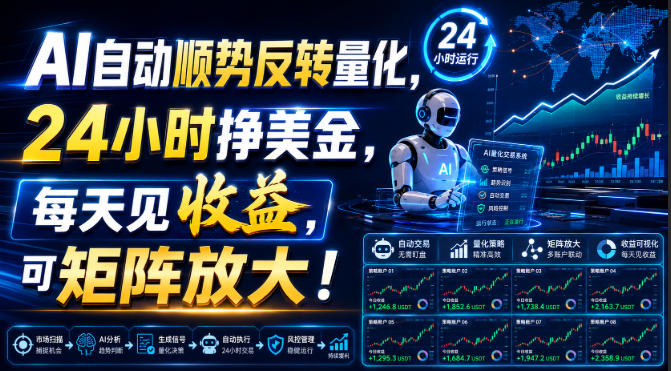 AI自动顺势反转量化，24小时挣美金，每天见收益，可矩阵放大！【揭秘】-惠声资源站