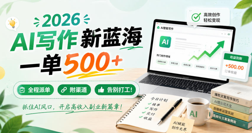 2026 AI写作新蓝海，一单500+，全程派单，附渠道，告别打工！【揭秘】-惠声资源站
