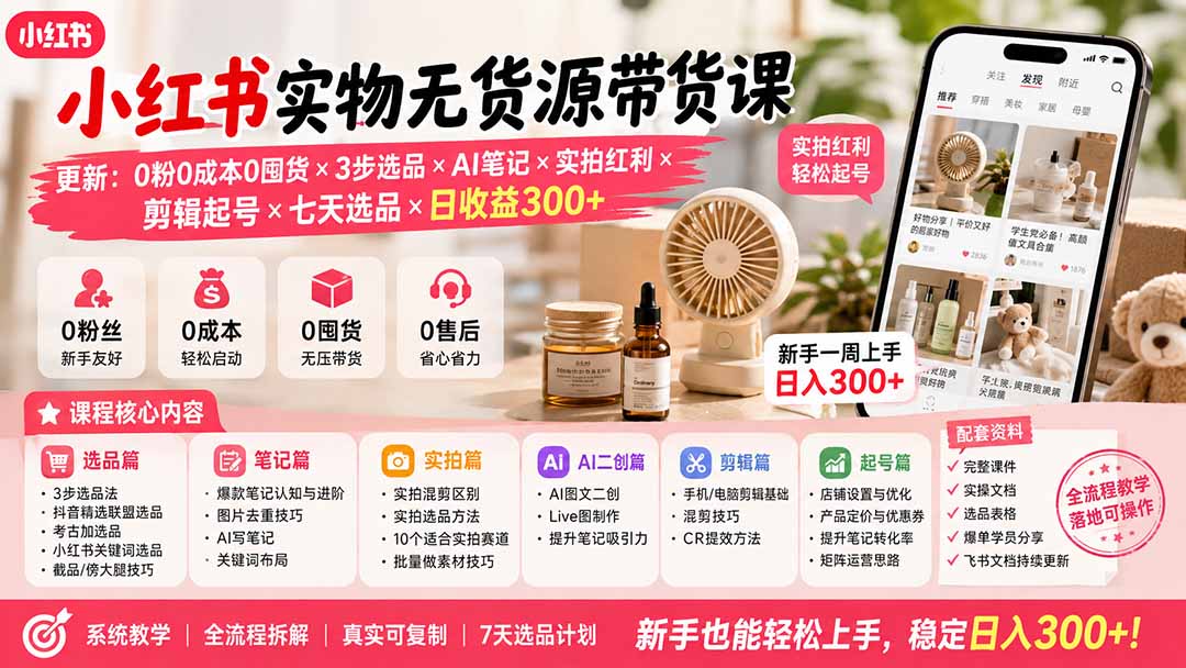 小红书实物无货源带货课-更新：0粉0成本0囤货×3步选品×AI笔记×实拍红利×剪辑起号×七天选品×日收益300+-惠声资源站