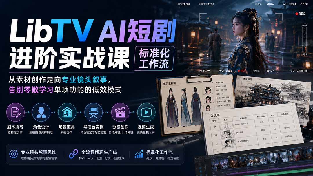 LibTV AI短剧进阶实操课标准化工作流；从素材创作走向专业镜头叙事，告别零散学习单项功能的低效模式-惠声资源站