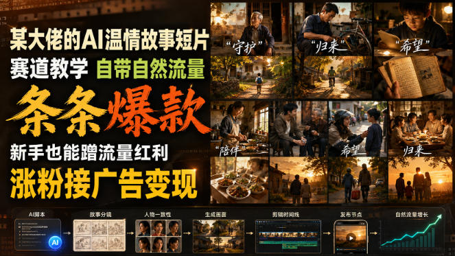 某大佬的AI温情故事短片赛道教学，自带自然流量，条条爆款，新手也能蹭流量红利，涨粉接广告变现-惠声资源站