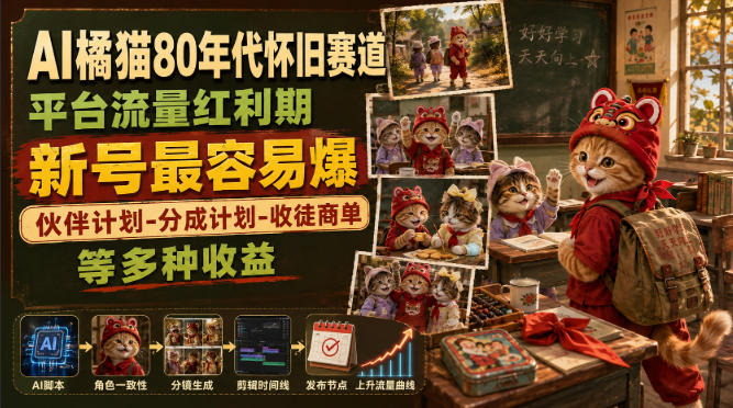 AI橘猫80年代怀旧赛道，平台流量红利期，新号最容易爆，伙伴计划-分成计划-收徒商单等多种收益-惠声资源站