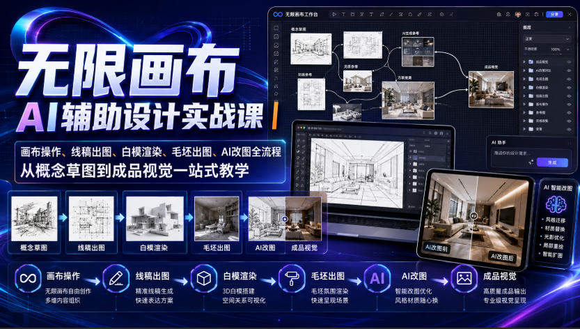无限画布AI辅助设计实战课｜画布操作、线稿出图、白模渲染、毛坯出图、AI改图全流程，从概念草图到成品视觉一站式教学-惠声资源站