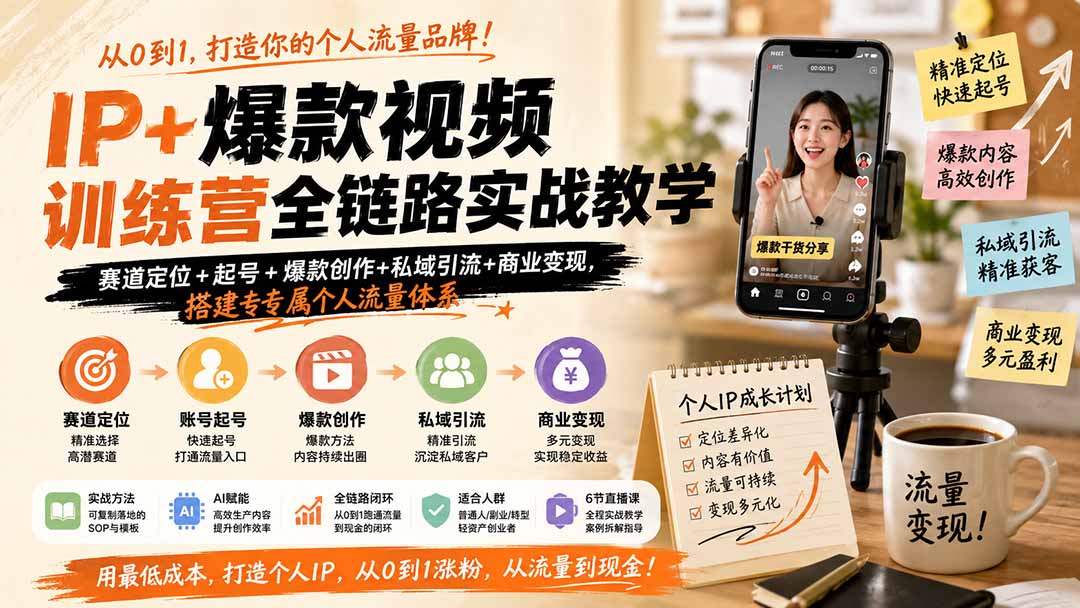 IP+爆款视频训练营全链路实战教学；赛道定位+起号+爆款创作+私域引流+商业变现，搭建专属个人流量体系-惠声资源站