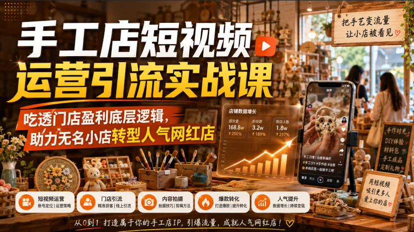 手工店短视频运营引流实战课，吃透门店盈利底层逻辑，助力无名小店转型人气网红店-惠声资源站