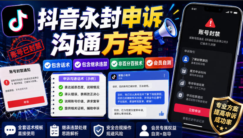 抖音永封申诉沟通方案，包含话术，包含继承违禁，非百分百技术，会员自测-惠声资源站