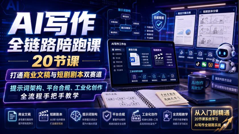AI写作全链路陪跑课｜20节课打通商业文稿与短剧剧本双赛道，提示词架构、平台合规、工业化创作全流程手把手教学-惠声资源站