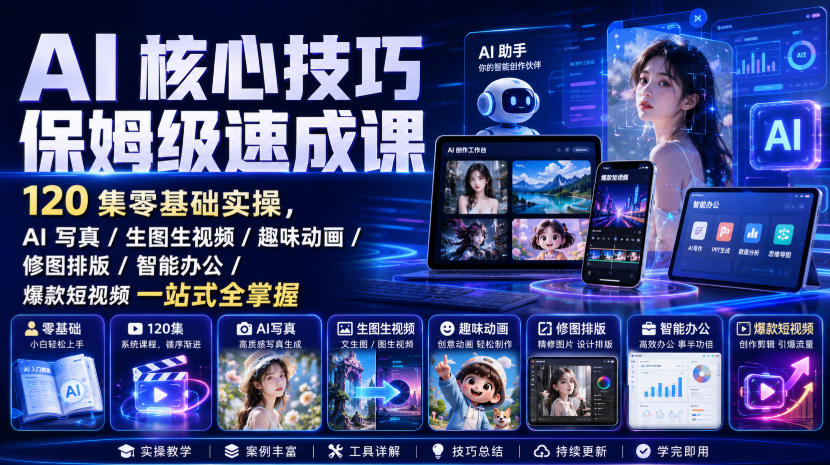 AI核心技巧保姆级速成课｜120集零基础实操，AI写真/生图生视频/趣味动画/修图排版/智能办公/爆款短视频一站式全掌握-惠声资源站