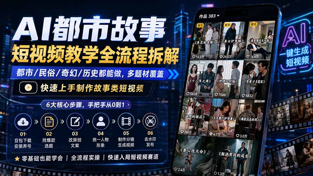 AI都市故事短视频教学全流程拆解；都市/民俗/奇幻/历史都能做多题材覆盖，快速上手制作故事类短视频-惠声资源站
