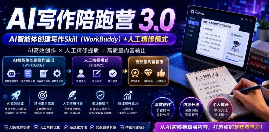 AI写作陪跑营3.0，Ai智能体创建写作skill(workbuddy)+人工手写模式(手搓模式)，去除AI痕迹(头条号、公众号、百家号)(更新0814)-惠声资源站