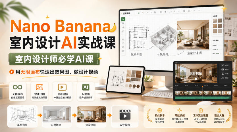 Nano Banana室内设计AI实战课，室内设计师必学AI课，用无限画布快速出效果图、做设计视频-惠声资源站