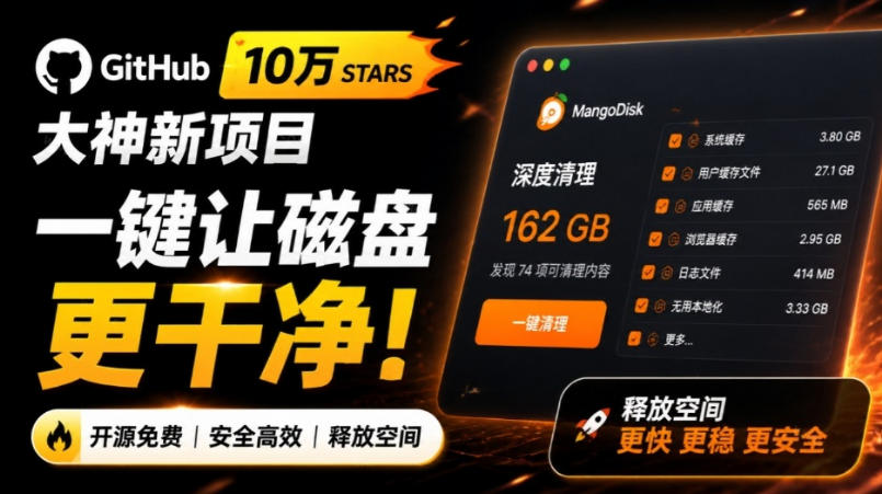 在Gtihub上做出10万stars的大神，又发布新项目了！一键让磁盘更干净，开源免费清理工具MangoDisk-惠声资源站