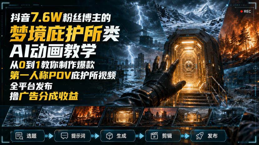 抖音7.6W粉丝博主的梦境庇护所类AI动画教学，从0到1教你制作爆款第一人称POV庇护所视频，全平台发布撸广告分成收益-惠声资源站