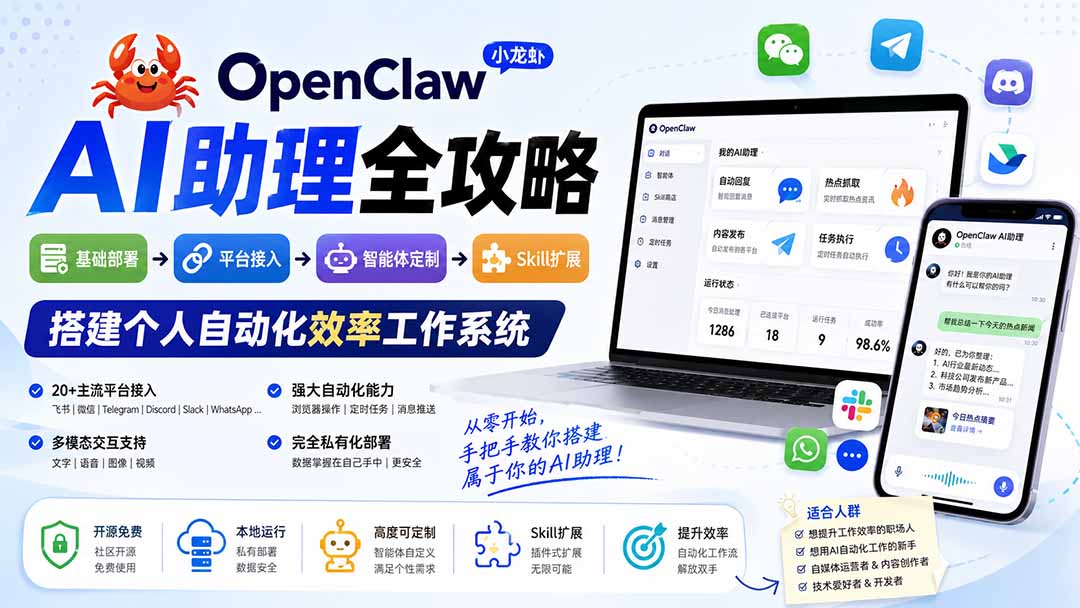 OpenClaw小龙虾 AI助理全攻略：基础部署→平台接入→智能体定制→Skill扩展，搭建个人自动化效率工作系统-惠声资源站