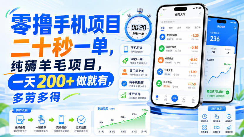 零撸手机项目，二十秒一单，纯薅羊毛项目，一天200+做就有，多劳多得【揭秘】-惠声资源站
