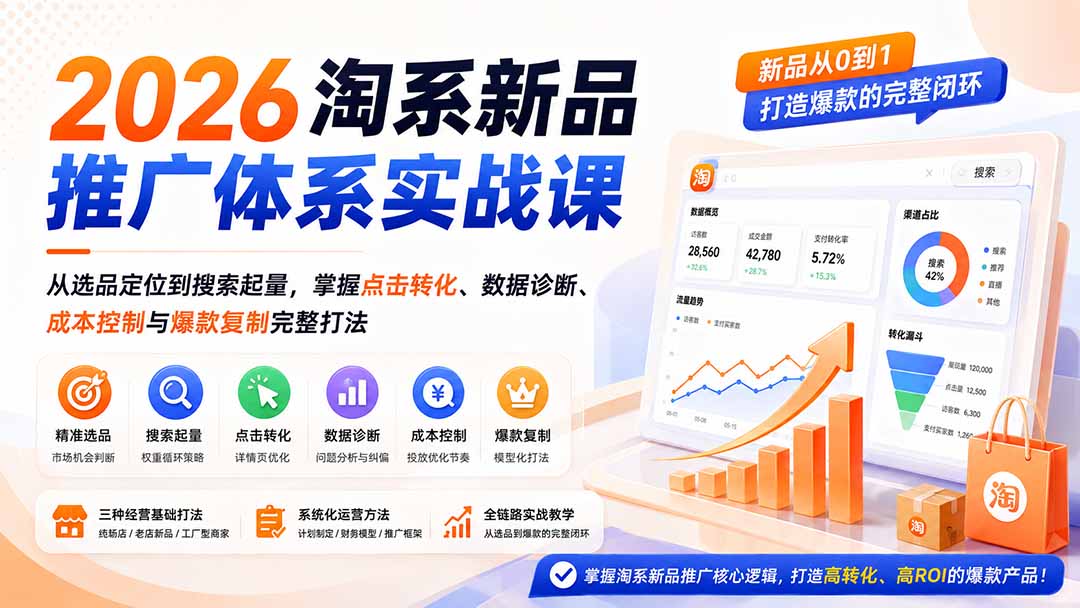 2026淘系新品推广体系实战课：从选品定位到搜索起量，掌握点击转化、数据诊断、成本控制与爆款复制完整打法-惠声资源站