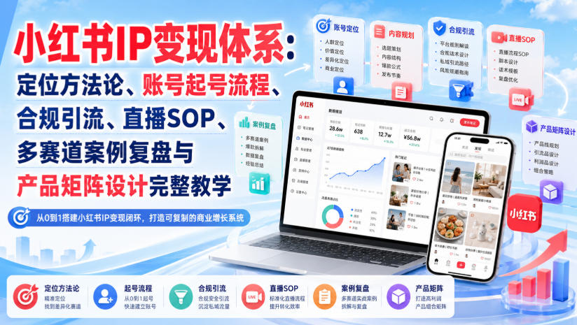 小红书IP变现体系：定位方法论、账号起号流程、合规引流、直播SOP、多赛道案例复盘与产品矩阵设计完整教学-惠声资源站