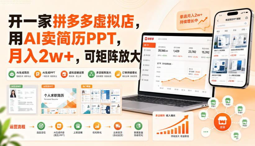 开一家拼多多虚拟店，用AI卖简历PPT，月入2w+，可矩阵放大【揭秘】-惠声资源站