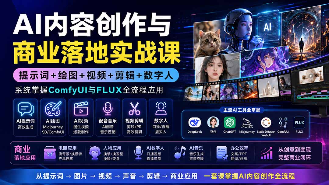 AI内容创作与商业落地实战课：提示词+绘图+视频+剪辑+数字人，系统掌握ComfyUI与FLUX全流程应用-惠声资源站
