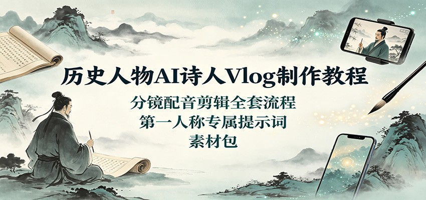 历史人物AI诗人Vlog制作教程：分镜配音剪辑全套流程，第一人称专属提示词素材包-惠声资源站