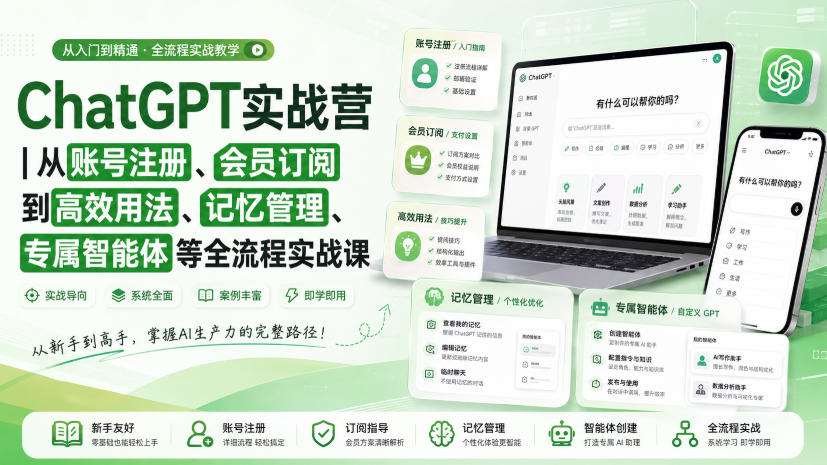 ChatGPT实战营｜从账号注册、会员订阅到高效用法、记忆管理、专属智能体等全流程实战课-惠声资源站