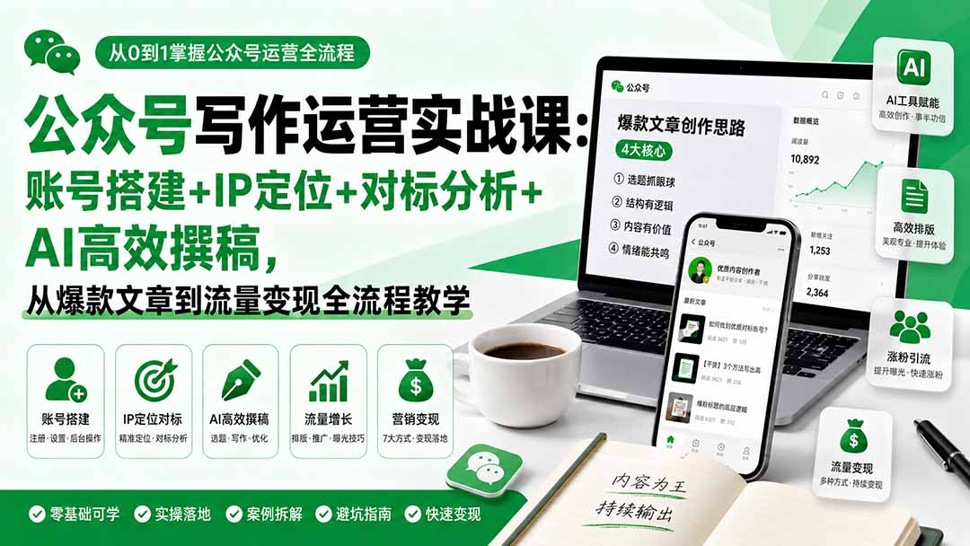 公众号写作运营实战课：账号搭建+IP定位+对标分析+AI高效撰稿，从爆款文章到流量变现全流程教学-惠声资源站