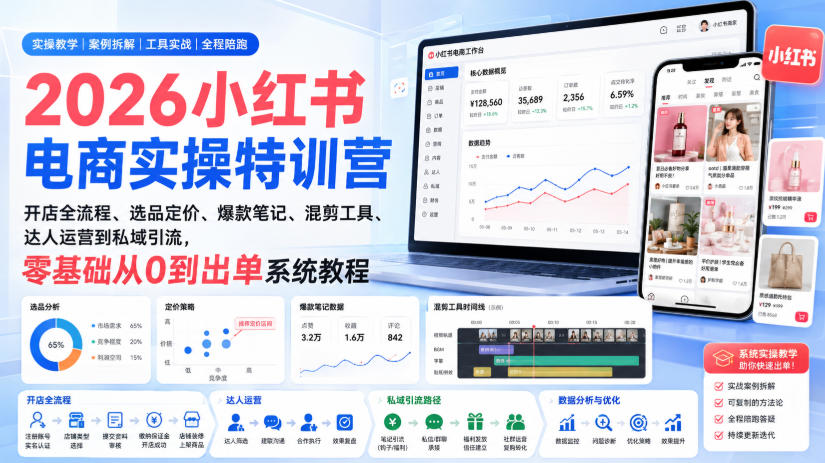 2026小红书电商实操特训营｜开店全流程、选品定价、爆款笔记、混剪工具、达人运营到私域引流，零基础从0到出单系统教程-惠声资源站