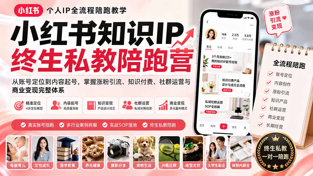 小红书知识IP终生私教陪跑营：从账号定位到内容起号，掌握涨粉引流、知识付费、社群运营与商业变现完整体系-惠声资源站