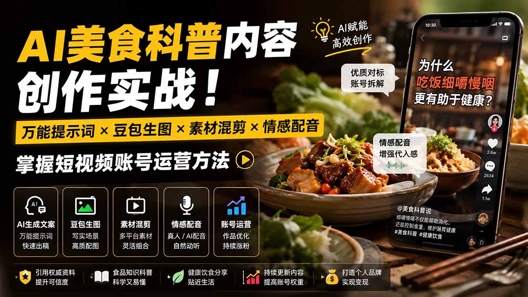 外面卖199元-AI美食科普内容创作实战！万能提示词×豆包生图×素材混剪×情感配音，掌握短视频账号运营方法-惠声资源站