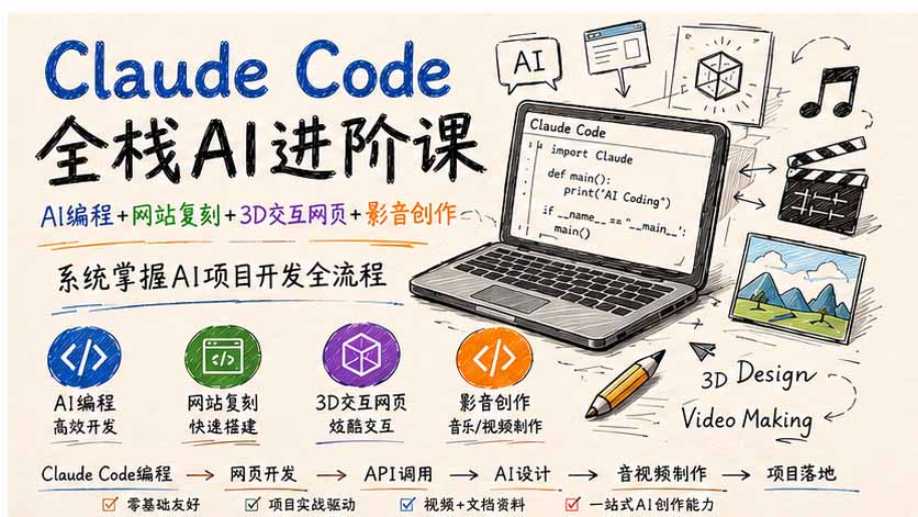 Claude Code全栈AI进阶课；AI编程+网站复刻+3D交互网页+影音创作，系统掌握AI项目开发全流程-惠声资源站