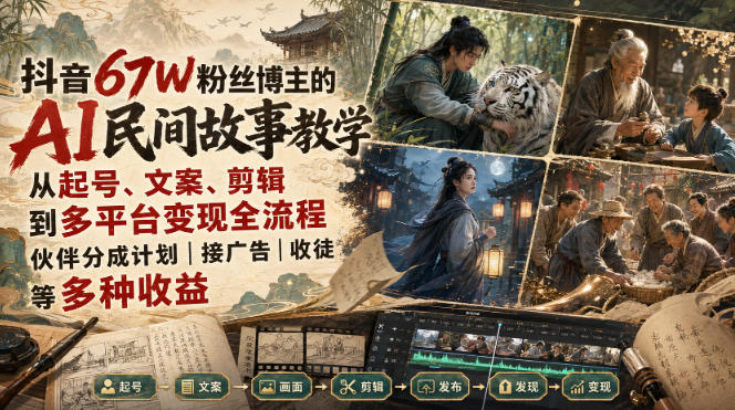 抖音67W粉丝博主的AI民间故事教学，从起号、文案、剪辑到多平台变现全流程，伙伴分成计划接广告等多种收益，月入1W+-惠声资源站
