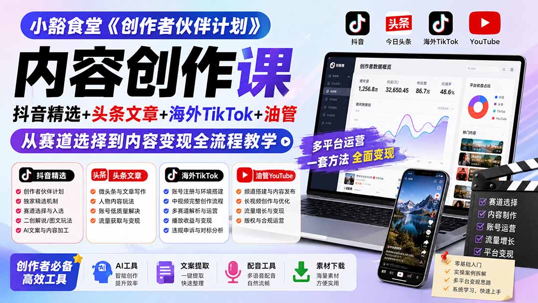 小豁食堂《创作者伙伴计划》内容创作课：抖音精选+头条文章+海外TikTok+油管，从赛道选择到内容变现全流程教学-惠声资源站