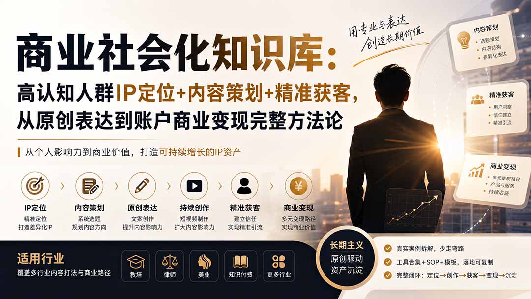 商业社会化知识库：高认知人群IP定位+内容策划+精准获客，从原创表达到账户商业变现完整方法论-惠声资源站