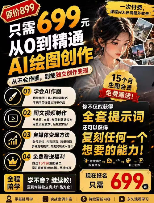 抖音10W粉丝博主的AI绘图教学，从0到精通AI绘图创作，从不会作图到能独立创作变现-惠声资源站