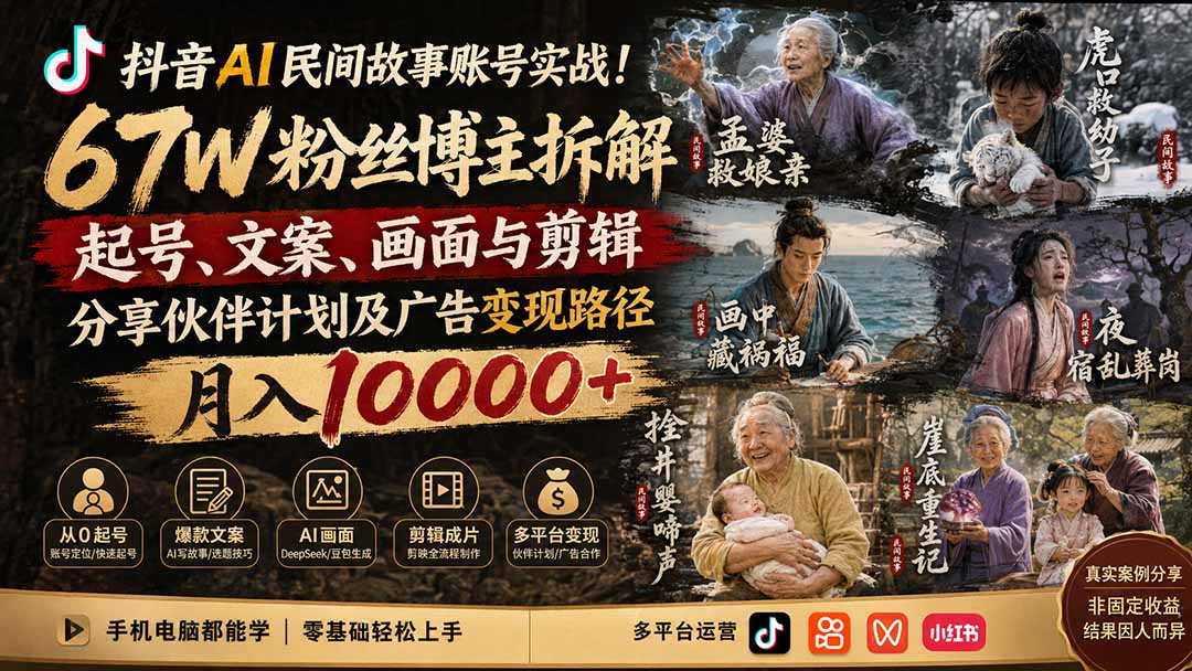 抖音AI民间故事账号实战！67W粉丝博主拆解起号、文案、画面与剪辑，分享伙伴计划及广告变现路径，月入10000+-惠声资源站