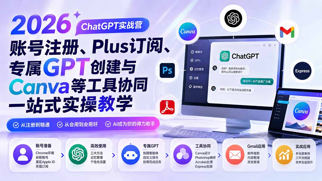2026 ChatGPT实战营；账号注册、Plus订阅、专属GPT创建与Canva等工具协同一站式实操教学-惠声资源站