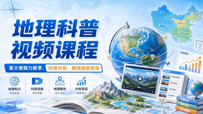 地理科普视频课程，某大佬倾力教学，伙伴计划、精选独家收益-惠声资源站