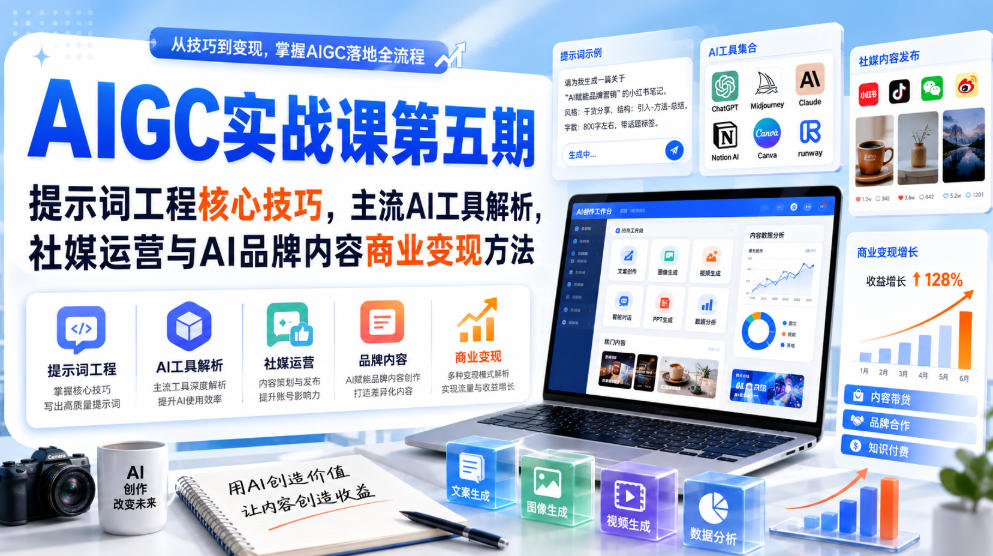 刺猬星球·AIGC实战课第五期，提示词工程核心技巧，主流AI工具解析，社媒运营与AI品牌内容商业变现方法-惠声资源站