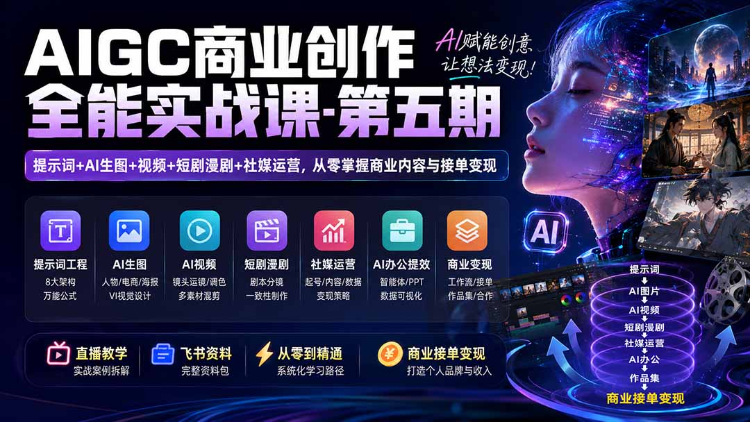 AIGC商业创作全能实战课-第五期：提示词+AI生图+视频+短剧漫剧+社媒运营，从零掌握商业内容与接单变现-惠声资源站