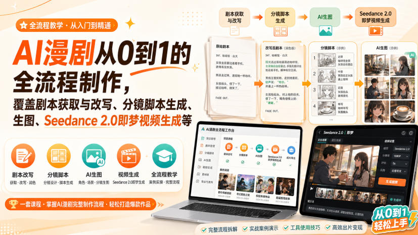AI漫剧从0到1的全流程制作，覆盖剧本获取与改写、分镜脚本生成、角色场景生图与三视图、Seedance 2.0即梦视频生成(PDF版)-惠声资源站