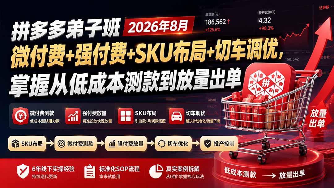 拼多多弟子班2026年8月：微付费+强付费+SKU布局+切车调优，掌握从低成本测款到放量出单-惠声资源站